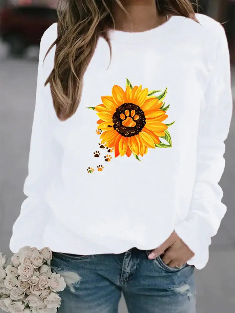 Women's Long Sleeve Round Neck Printed Sweatshirt