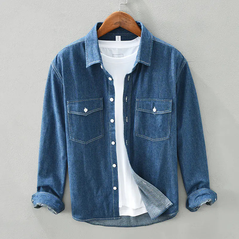 Men's Vintage Cotton Long Sleeve Denim Shirt with Pockets
