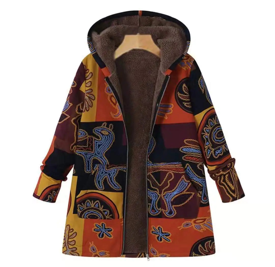 Ethnic Print Hooded Fleece Cotton Coat Jacket