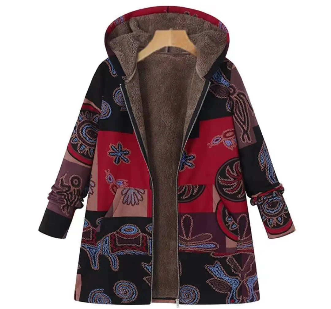 Ethnic Print Hooded Fleece Cotton Coat Jacket