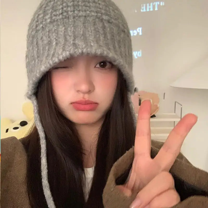 Children's Lace-up Windproof Knitted Wool Hat with Earflaps