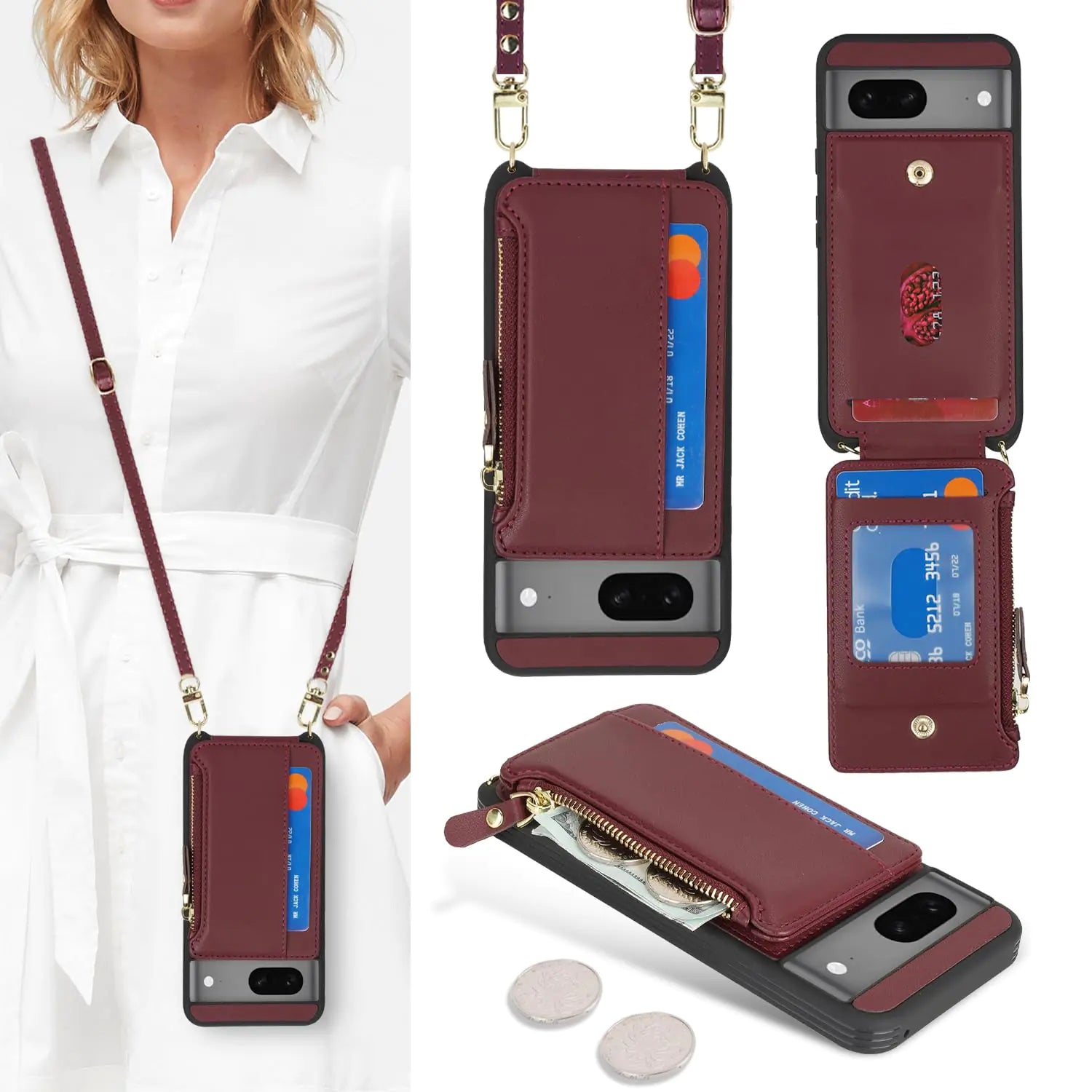 Cavor for Google Pixel 8 Case Wallet,Phone Case for Pixel 8 Crossbody Case with Strap,Pixel 8 Wallet Case for Women,Leather Zipper Pocket Card Holder Case-Cream