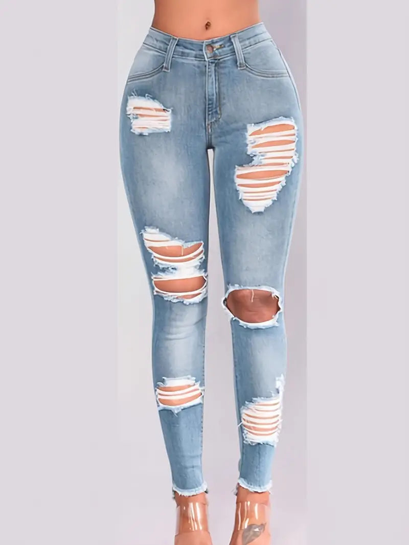 High Rise Distressed Asymmetrical Ripped Skinny Jeans