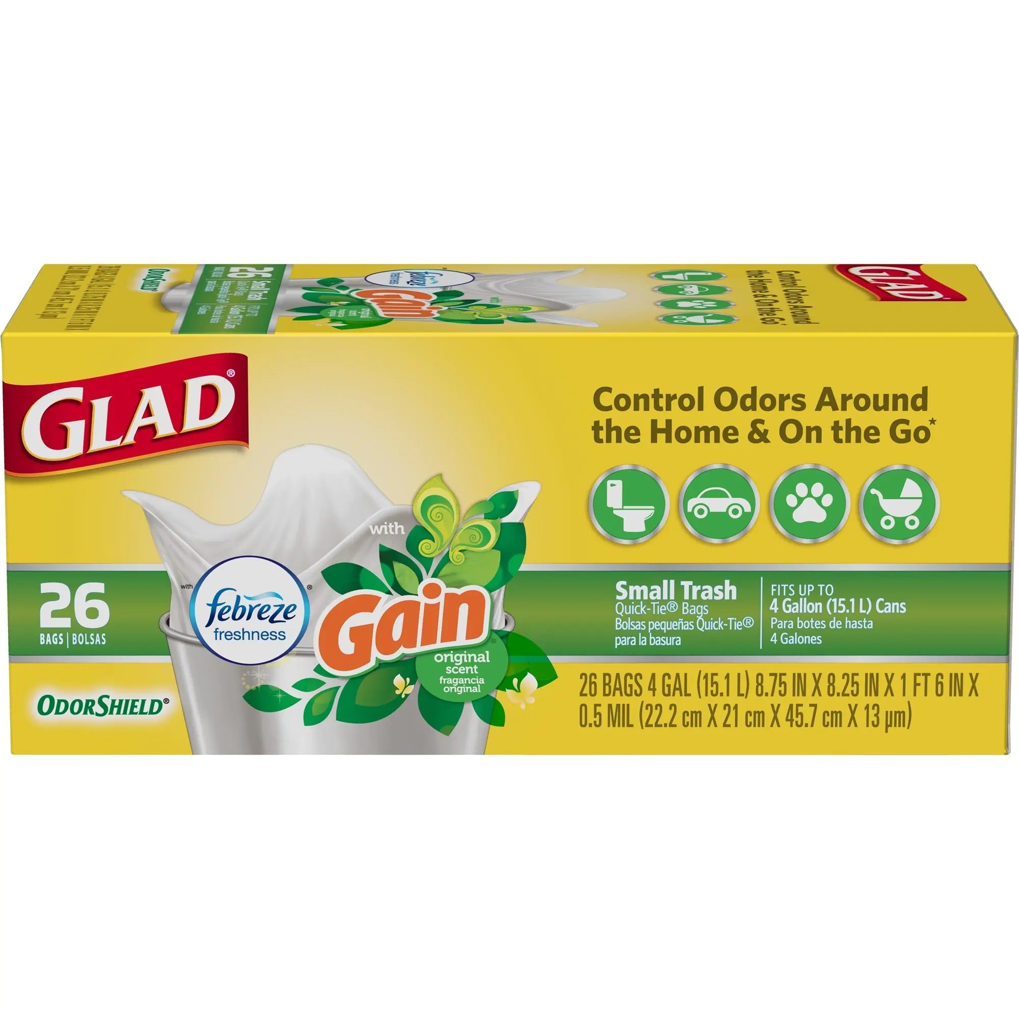 Glad Trash Bags OdorShield Small Garbage Bags - Gain Original with Febreze Freshness - 4 Gallon - 26 Count 26 ct
