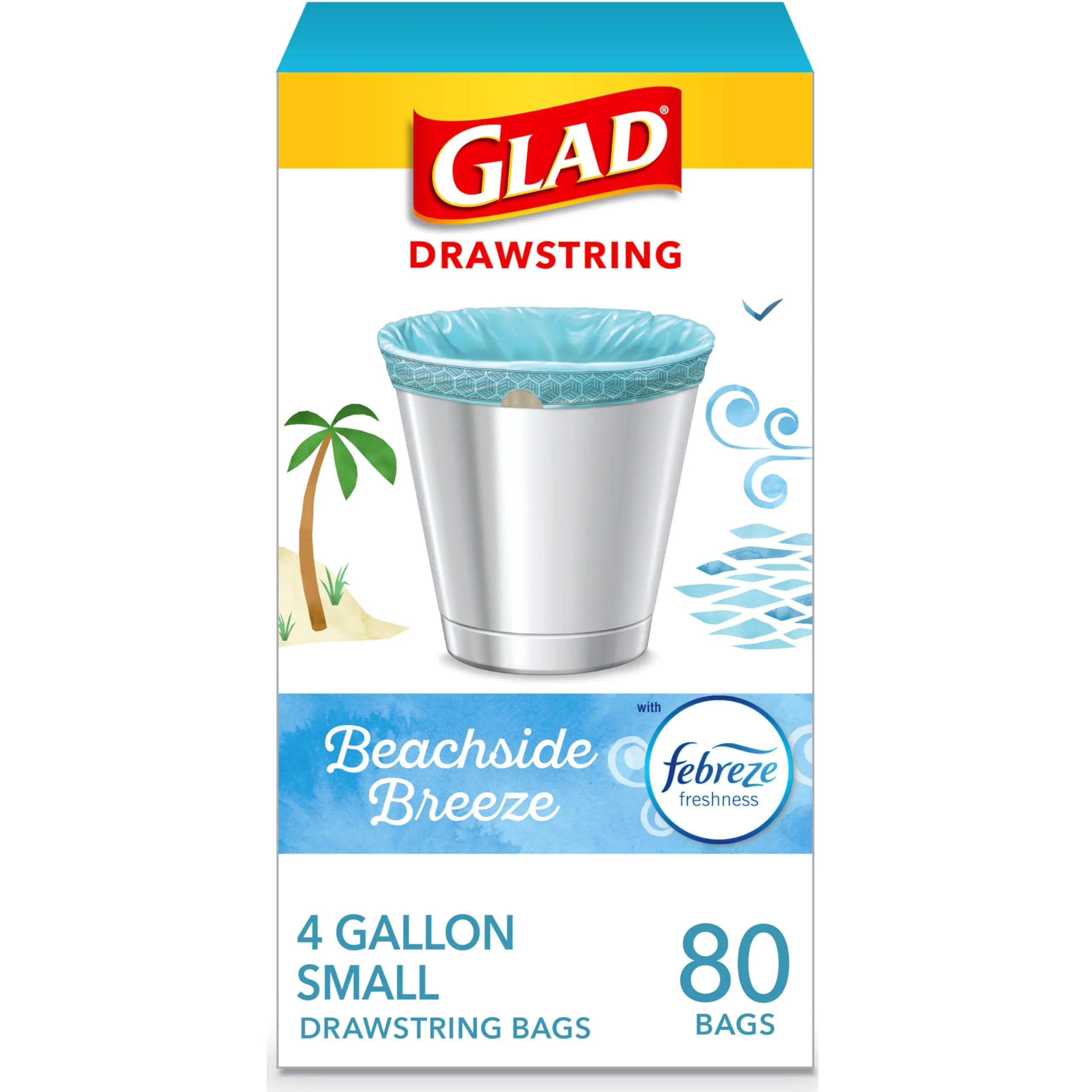 Glad Small Kitchen Drawstring Trash Bags 4 Gallon Green Trash Bag Febreze Beachside Breeze 80 Count (Package May Vary)