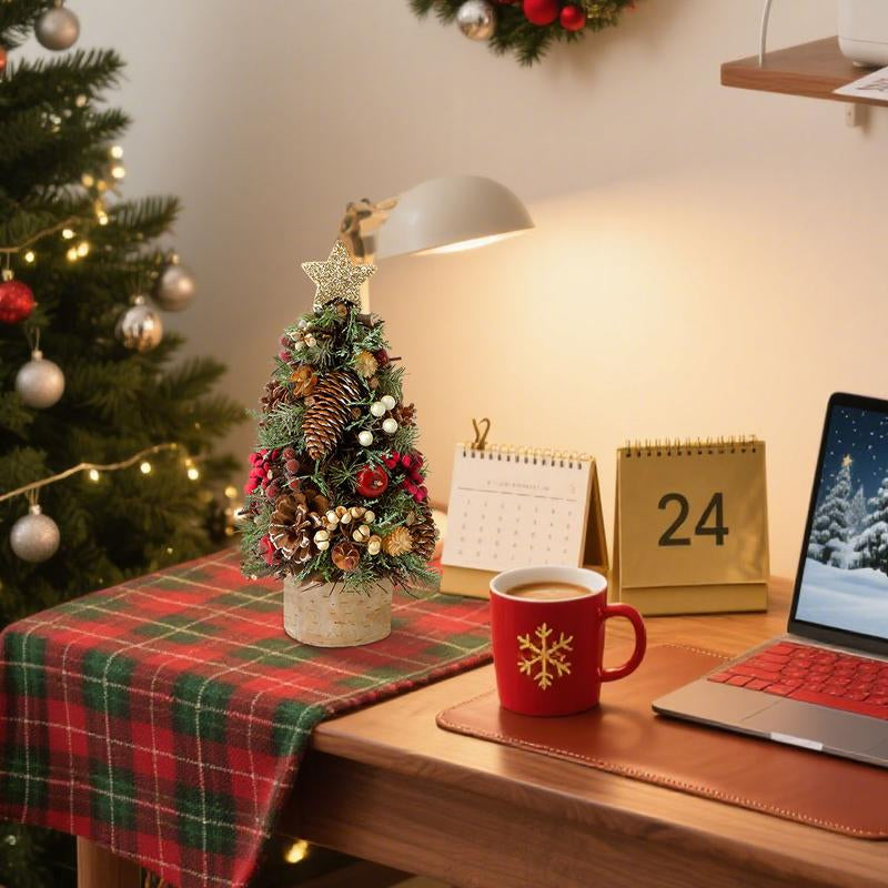 Mini Christmas Tree with Base Artificial Pine Tabletop Tree for Office Reception Window Display & Party Decor with Pinecones and Ornaments