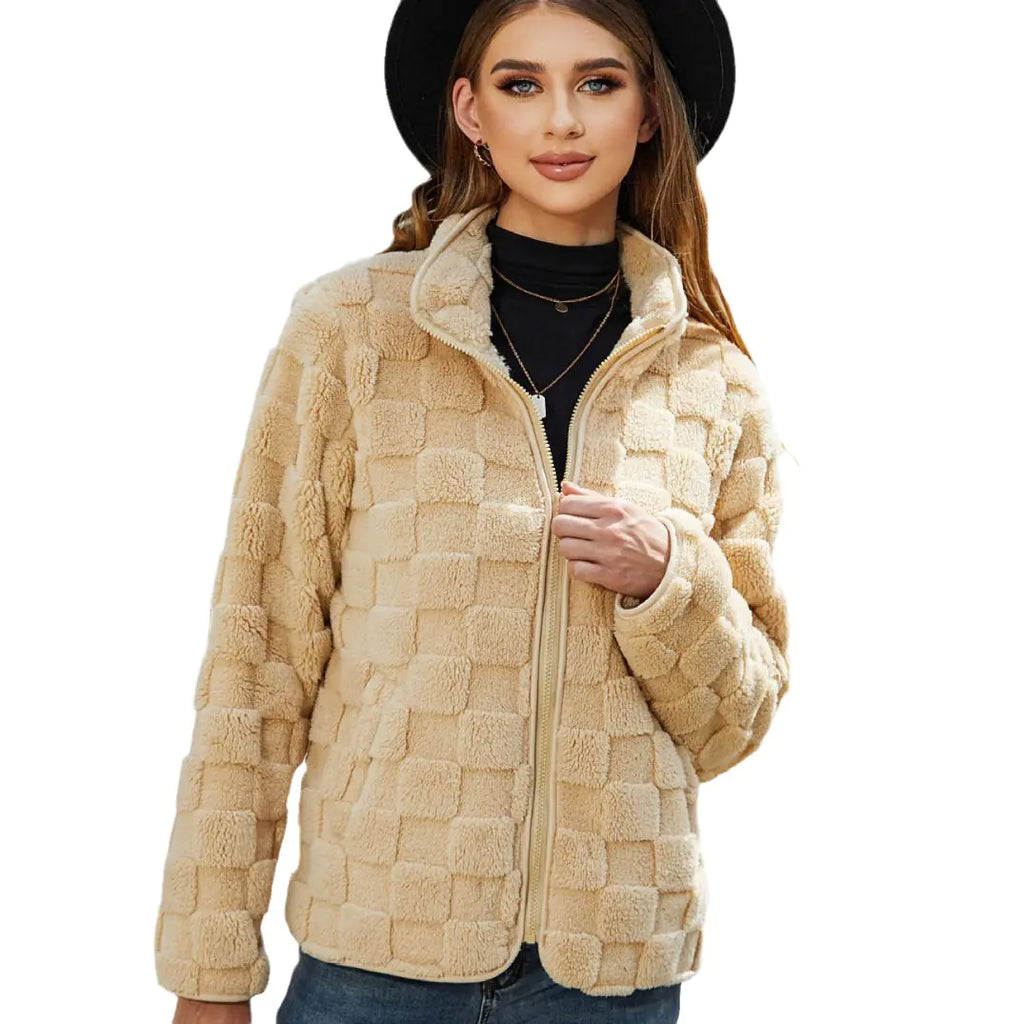 Autumn Winter Women's Loose Plaid Fleece Jacket