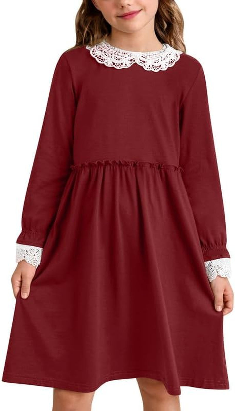 Girl'S Lace Peter Pan Collar Elastic Waist Long Sleeve Swing Dress 1-10 Years