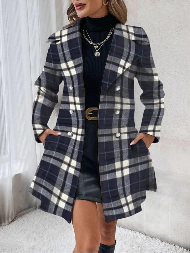 Women'S Solid Color Double Button Lapel Coat, Elegant Fashion Long Sleeve Pocket Design Coat for Daily Outdoor Wear, Women Clothing for Fall & Winter