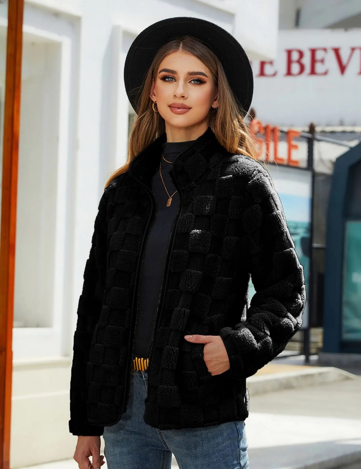 Autumn Winter Women's Loose Plaid Fleece Jacket