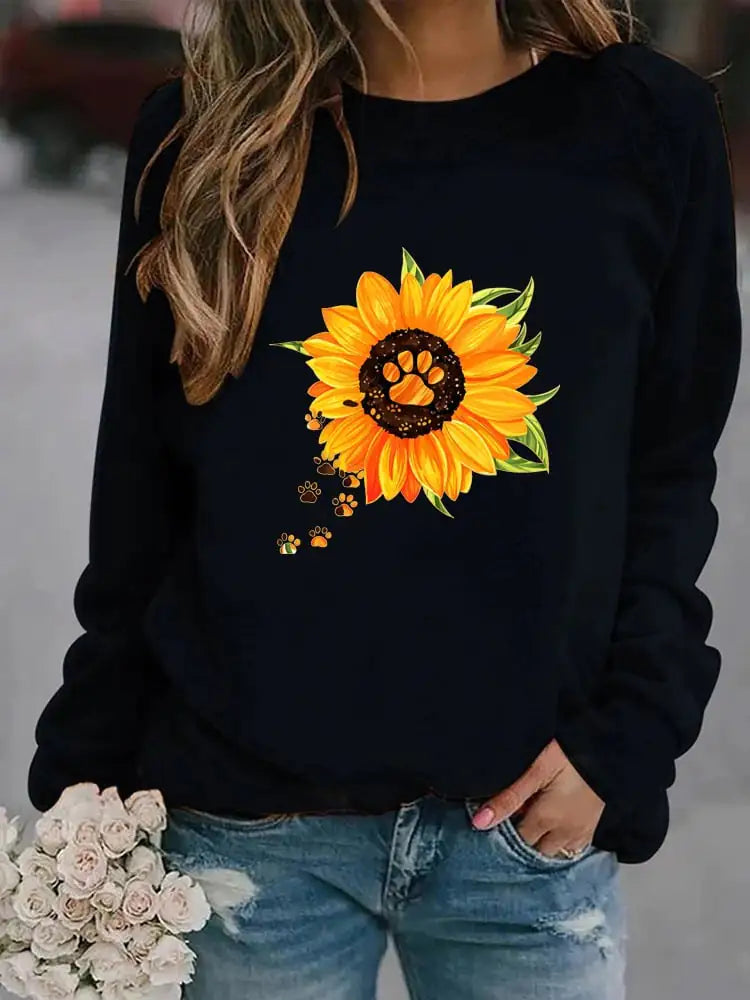 Women's Long Sleeve Round Neck Printed Sweatshirt