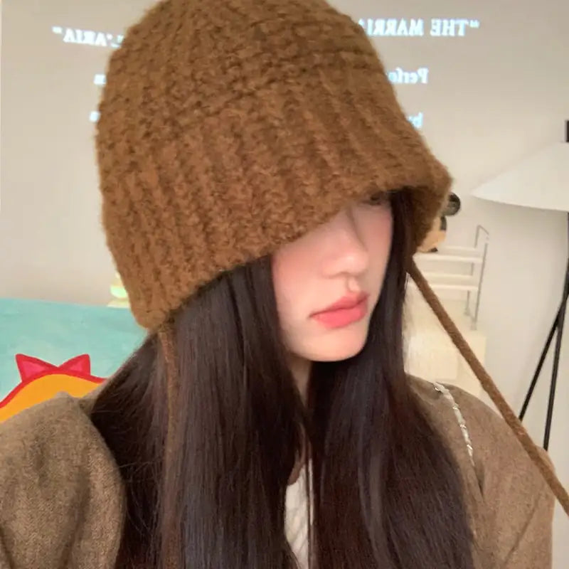 Children's Lace-up Windproof Knitted Wool Hat with Earflaps