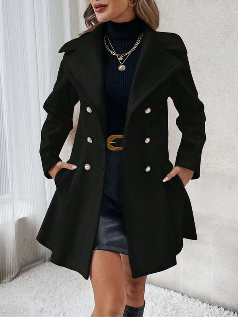 Women'S Solid Color Double Button Lapel Coat, Elegant Fashion Long Sleeve Pocket Design Coat for Daily Outdoor Wear, Women Clothing for Fall & Winter