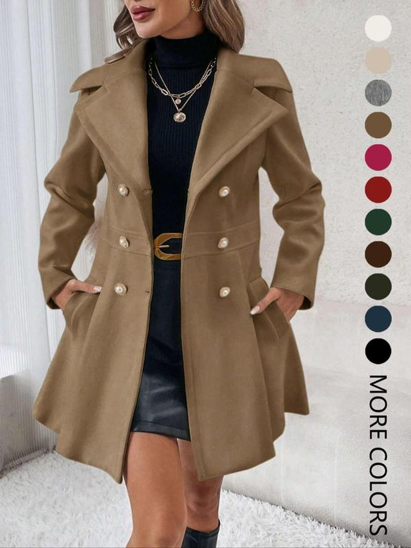 Women'S Solid Color Double Button Lapel Coat, Elegant Fashion Long Sleeve Pocket Design Coat for Daily Outdoor Wear, Women Clothing for Fall & Winter