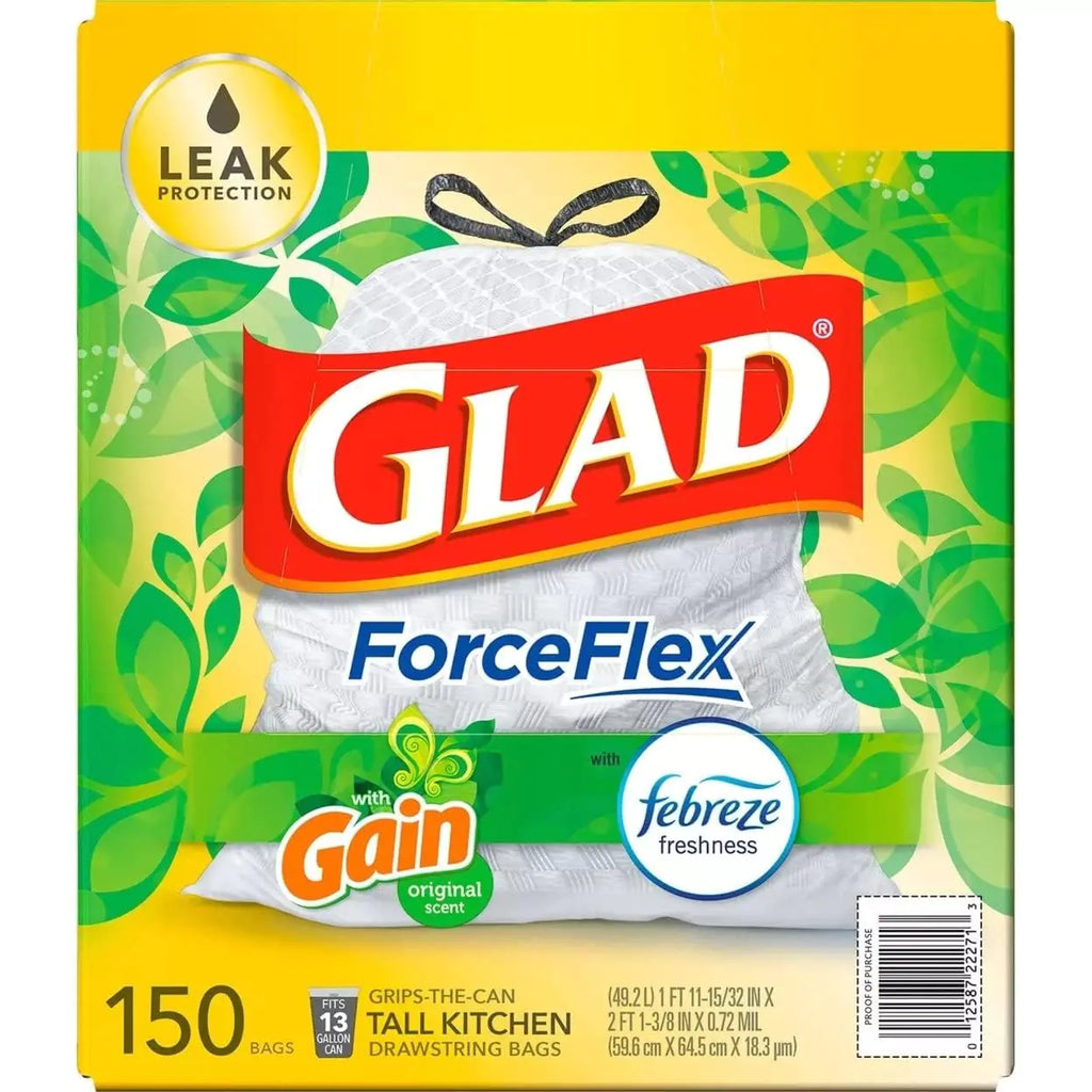 GLAD ForceFlex Tall Kitchen Drawstring White Trash Bags Gain Original Scent with Febreze Freshness (13 gal 150 ct.)
