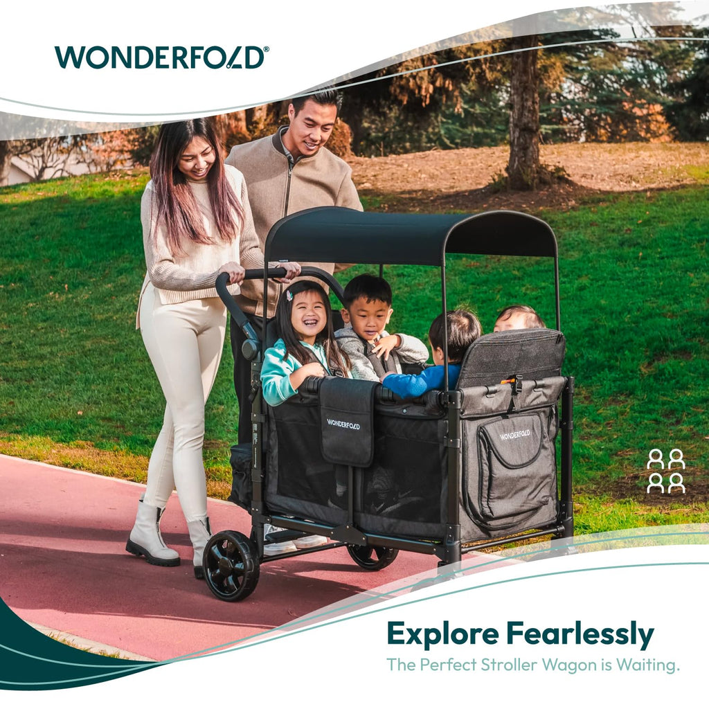 W4 Elite Stroller Wagon (4 Seater) - Collapsible Wagon Stroller with Seats with 5-Point Harnesses, Adjustable Push Handle, and Removable UV Sun Canopy, Charcoal Gray