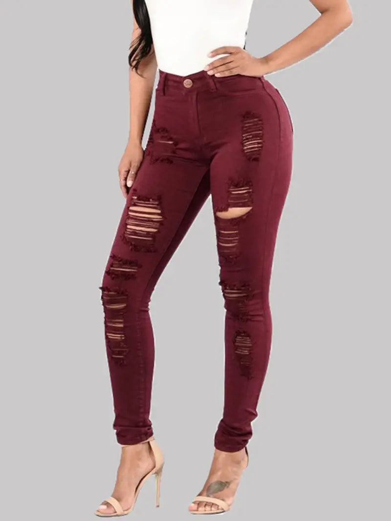 High-Rise Distressed Skinny Jeans in Burgundy & Olive