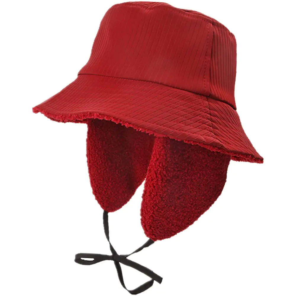 Winter Bucket Rain Hats for Women Girls with Ear Flaps Fleece Warm Autumn Waterproof Caps Earmuff Cloche Trooper Trapper Hat Red