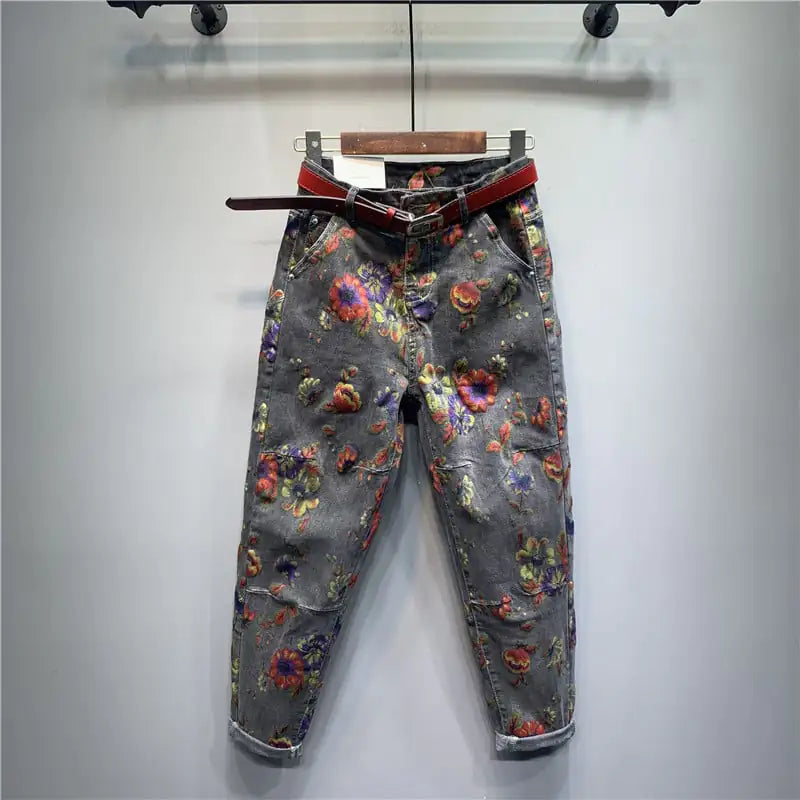 Casual Baggy Jeans with Floral Print for Harem Fashion