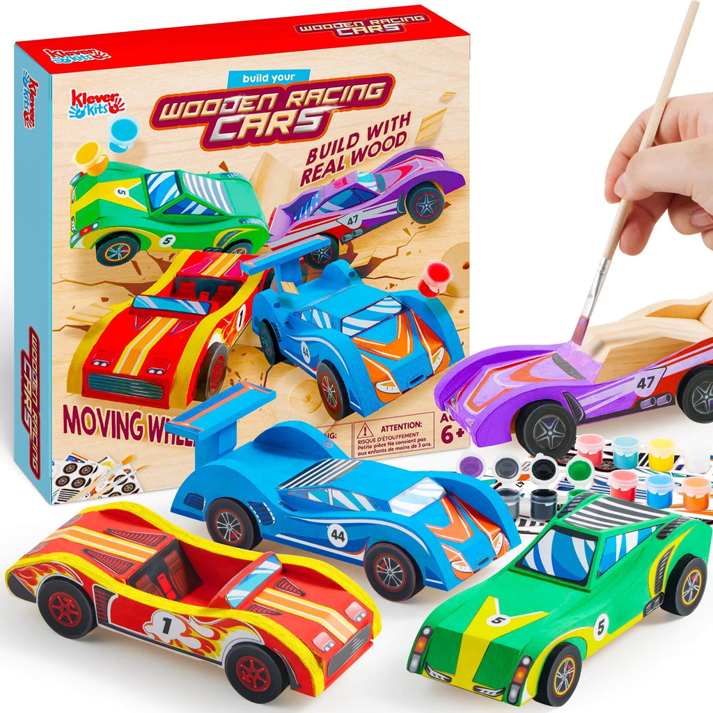 Klever Kits 4 DIY Wooden Race Cars-Build & Paint Your Own Wood Craft Kit 4 Race Cars Toy Easy to Assemble Arts Crafts Kit Birthday Party Presents for Kids Boys Ages 6 and Up