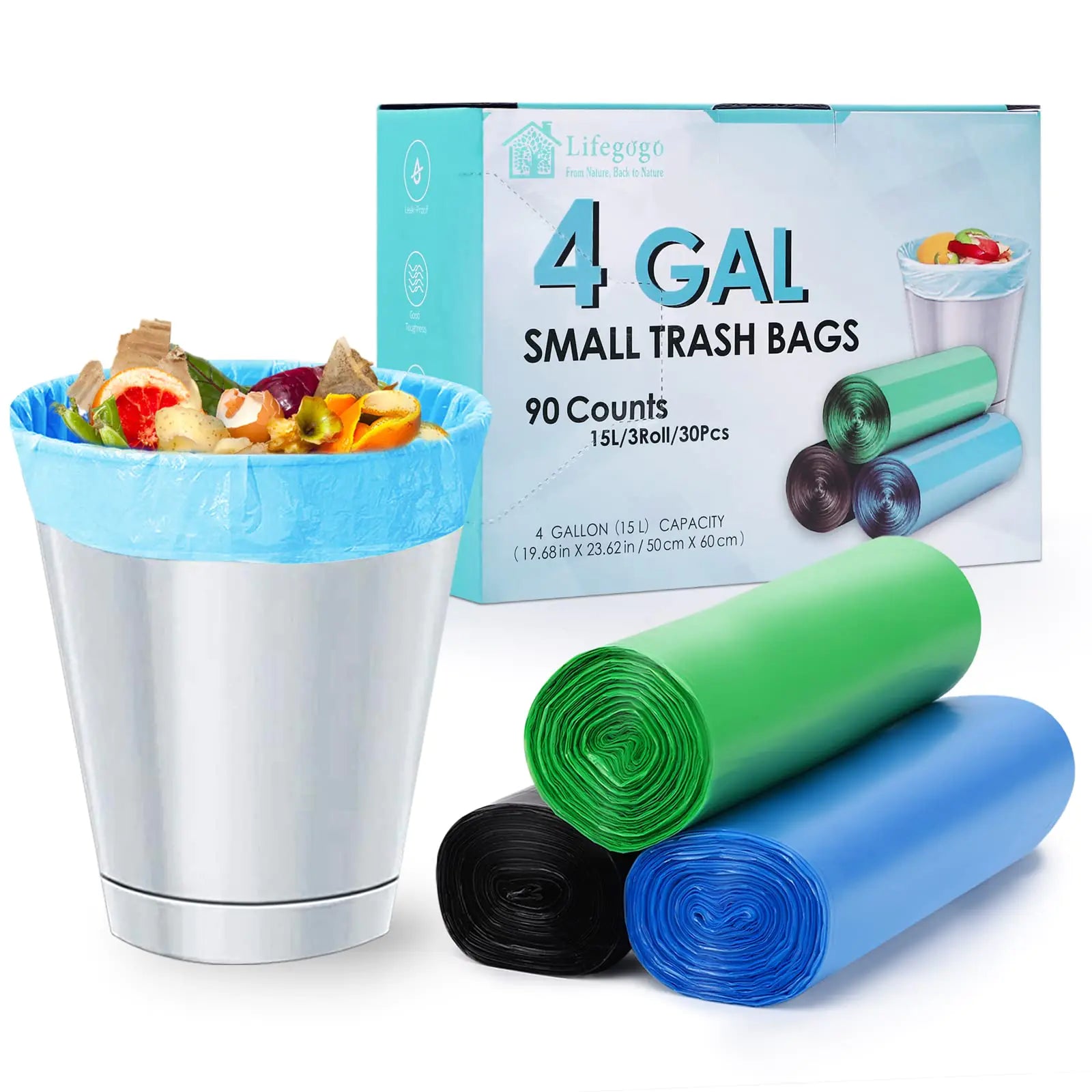 Small Trash Bags 4 Gallon: Bathroom Trash Bags15 Liters Trash Bin Liners - Unscented Small Garbage Bags for Bathroom Bedroom Office (90 Count)