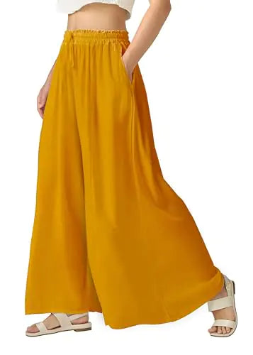 Joob Joob Wide Leg Pants for Women - High Waist Casual Womens Palazzo Pants - Flowy Elastic Waisted Trousers with Pockets Mustard