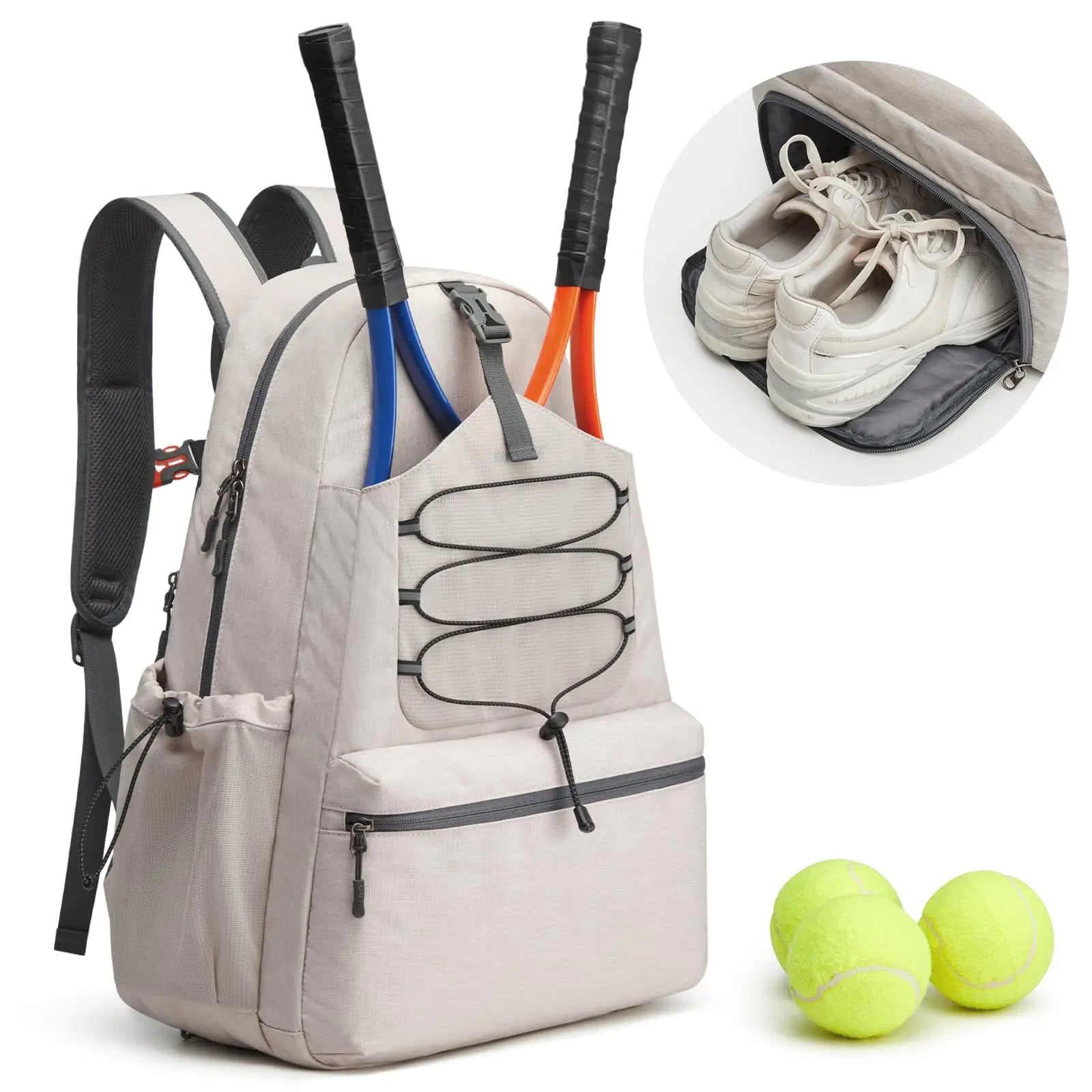 G4Free Tennis Bag Tennis Backpack for Women Men Large Pickleball Bag Holds 4 Rackets with Shoe Compartment Ivory L Casual Daypack
