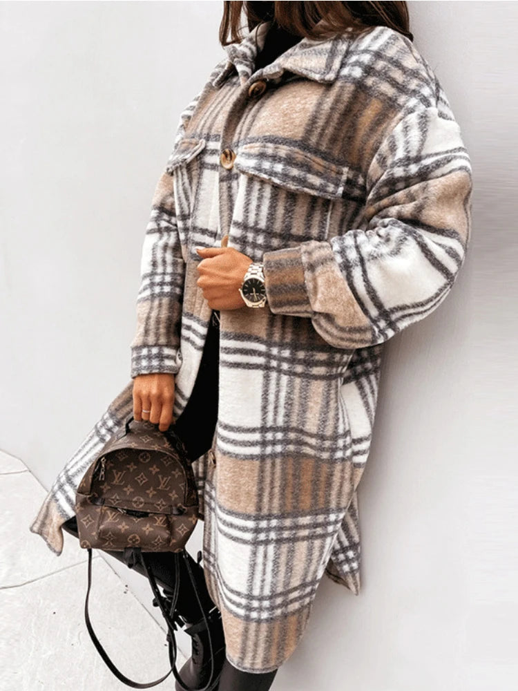 Women's Long Sleeve Wool Plaid Trench Coat for Fall