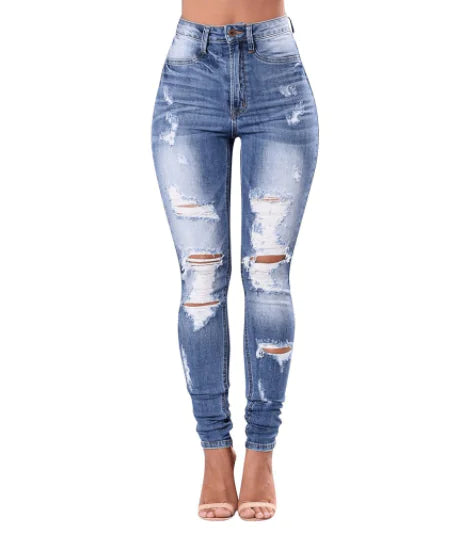 High Rise Distressed Skinny Jeans with Plicated Hem