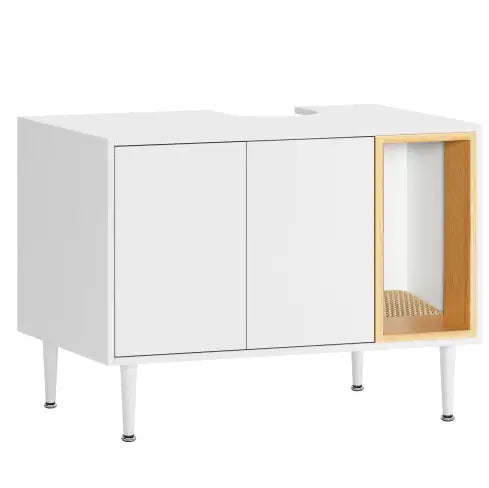 Bathroom Sink Cabinet With Cat Litter Box Enclosure, Hidden Litter Pet Washroom With Divider, Indoor Cat House For Large Cats, Wooden Cabinet Furniture, White