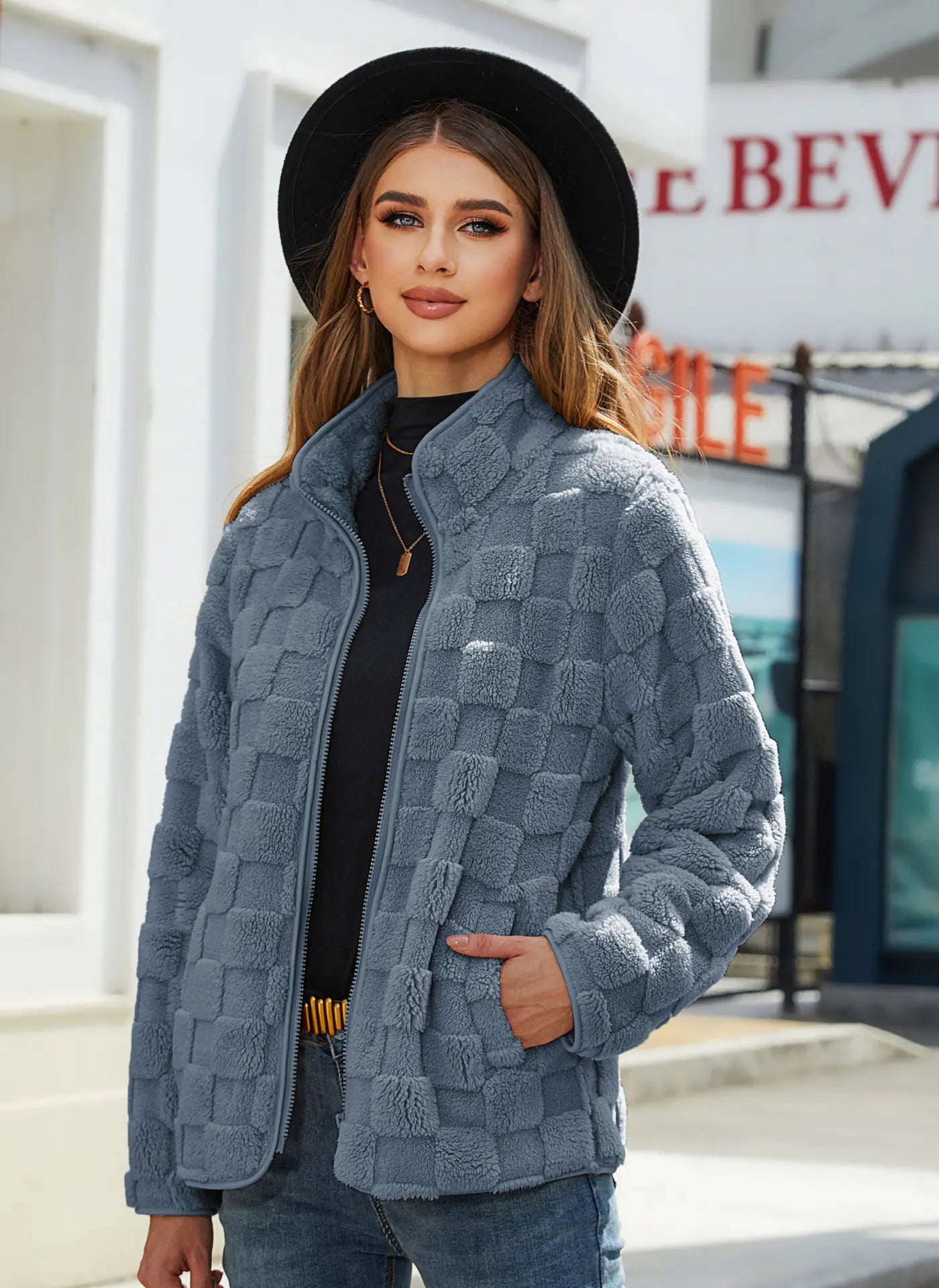 Autumn Winter Women's Loose Plaid Fleece Jacket