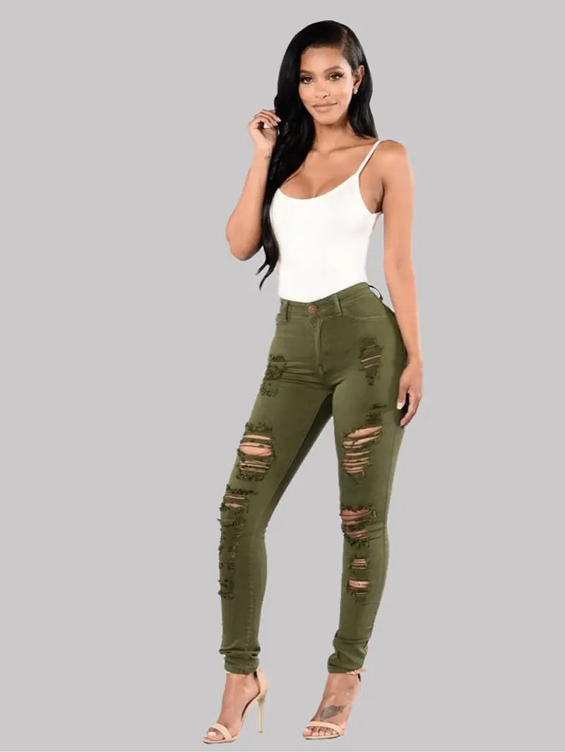 High-Rise Distressed Skinny Jeans in Burgundy & Olive