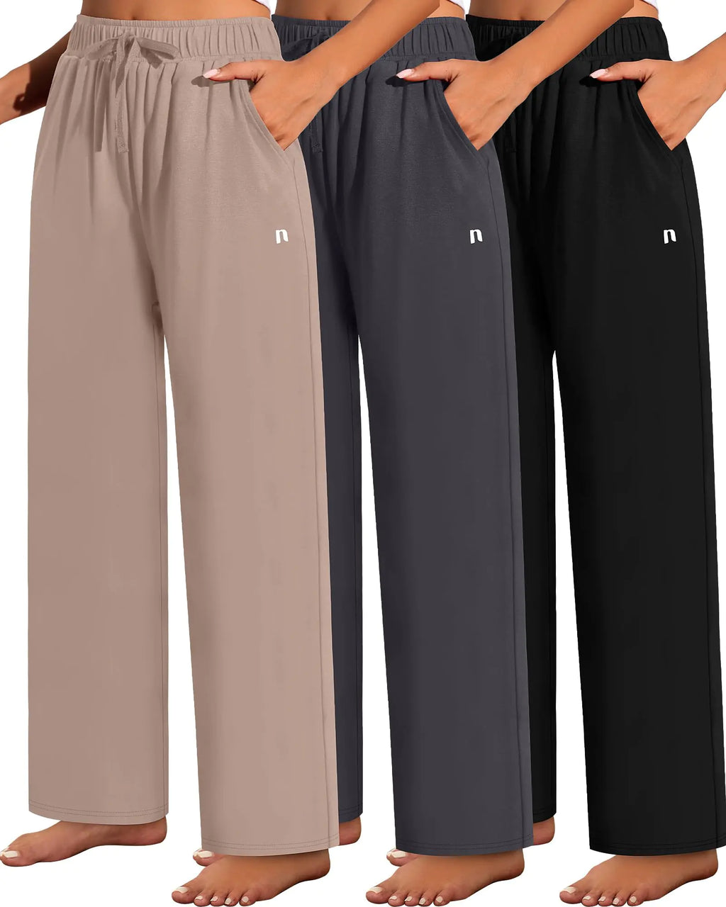 Neer 3 Pack Womens Wide Leg Pants High Waist Sweatpants Yoga Palazzo Drawstring Lounge Pajamas Jogger Pants with Pockets(BlackMochaDark GreyXX-Large)