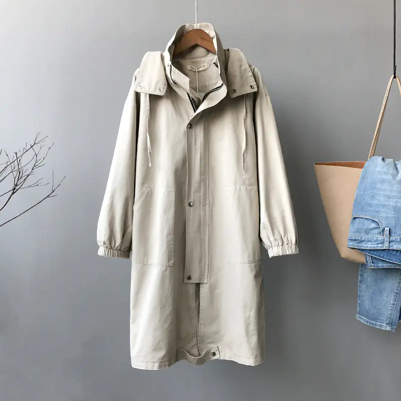 Women's Hooded Trench Coat - Mid-Length Casual Style