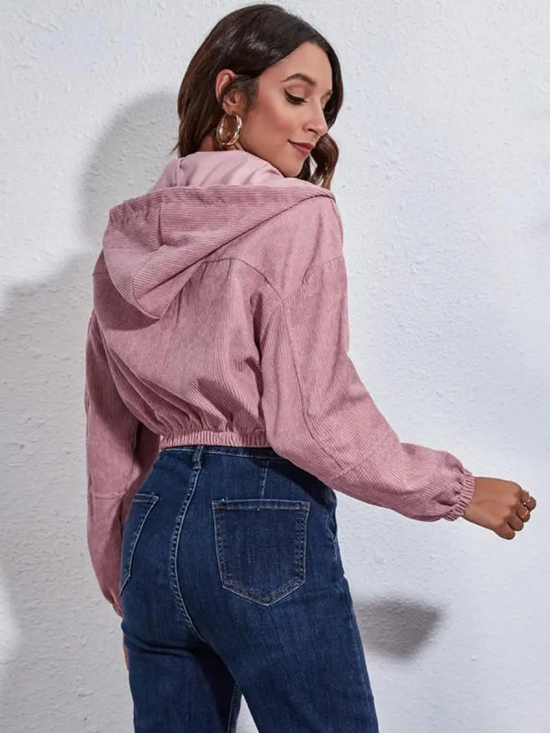 Casual Corduroy Hooded Jacket for Women - Loose Fit