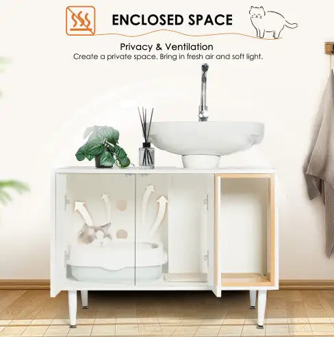 Bathroom Sink Cabinet With Cat Litter Box Enclosure, Hidden Litter Pet Washroom With Divider, Indoor Cat House For Large Cats, Wooden Cabinet Furniture, White