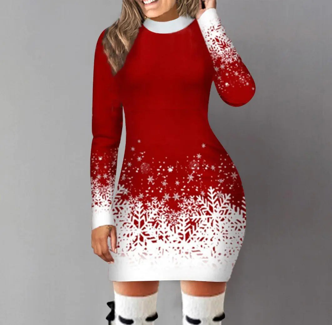 European American Christmas Printed Long Sleeve Dress