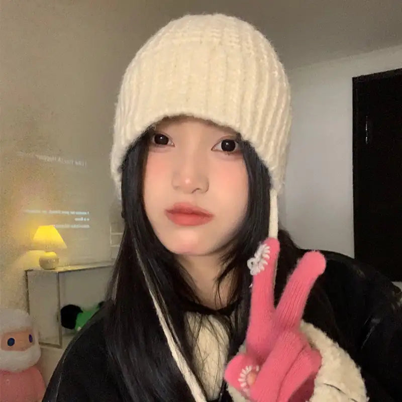 Children's Lace-up Windproof Knitted Wool Hat with Earflaps