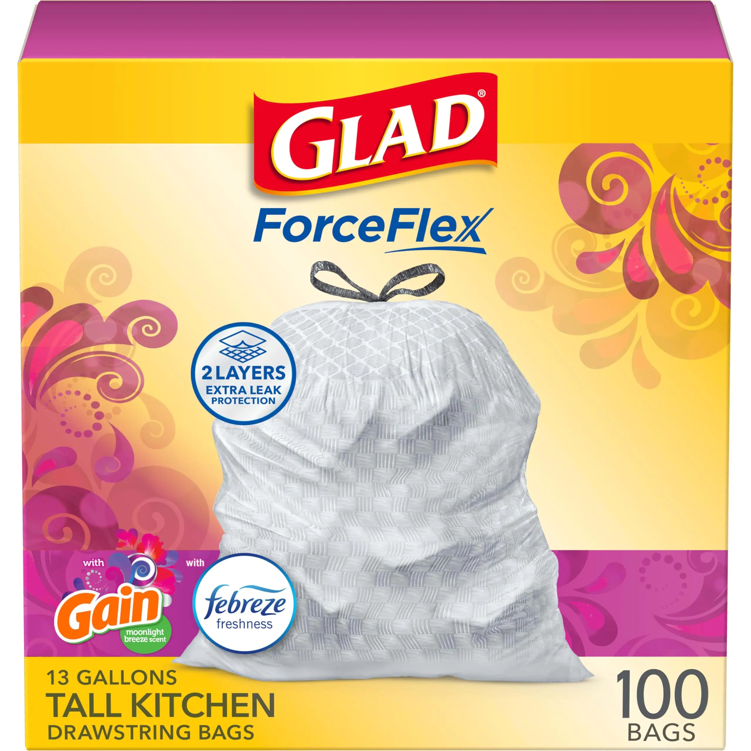 Glad ForceFlex Tall Kitchen Trash Bags 13 Gal Gain Moonlight Breeze 100 Ct (Package May Vary)