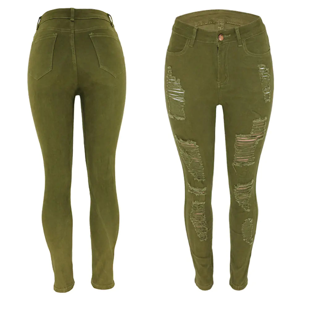 High-Rise Distressed Skinny Jeans in Burgundy & Olive