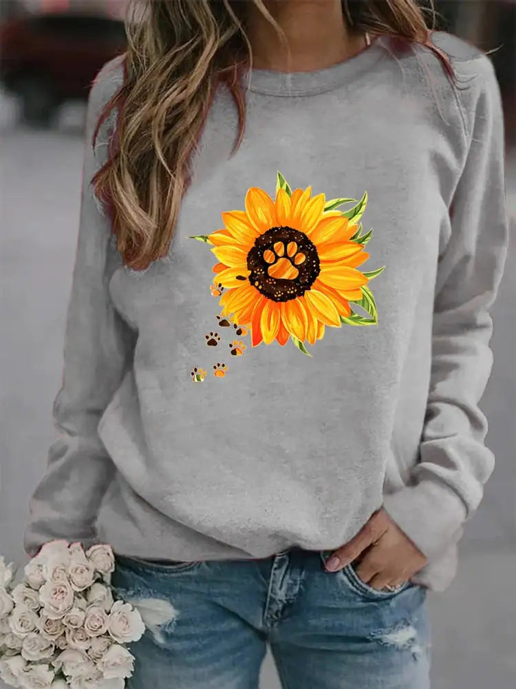 Women's Long Sleeve Round Neck Printed Sweatshirt