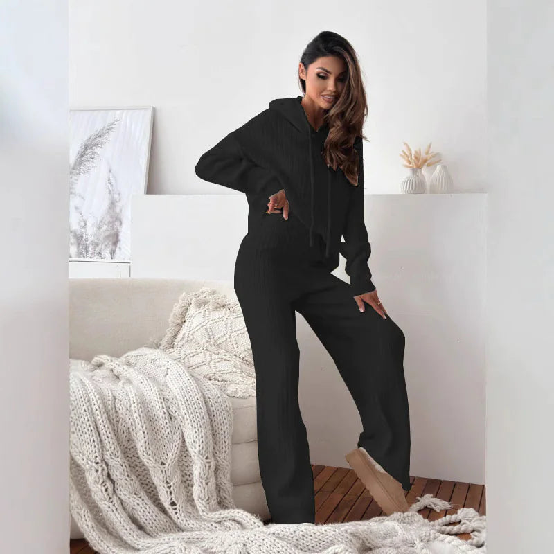 Solid Color Hooded Knitted Lounge Set for Women – Autumn Winter Two-Piece Outfit