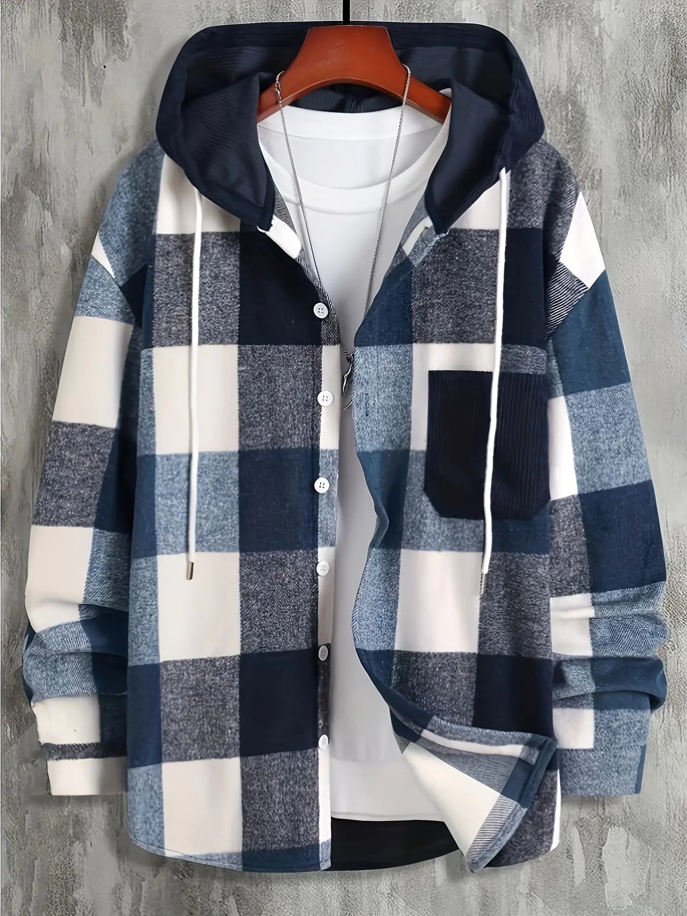 Men's Hooded Plaid Long Sleeve Shirt with Pockets