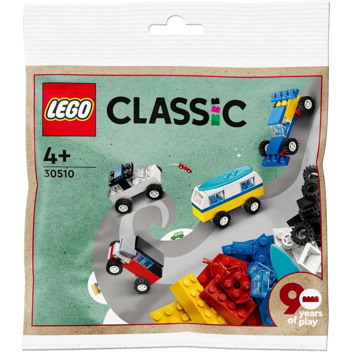 LEGO Classic 30510 90 Years of Cars 71 Piece Iconic Cars Toy Set Polybag with 4 Mini Build Cars for Builders Aged 4 and Up Multicolor