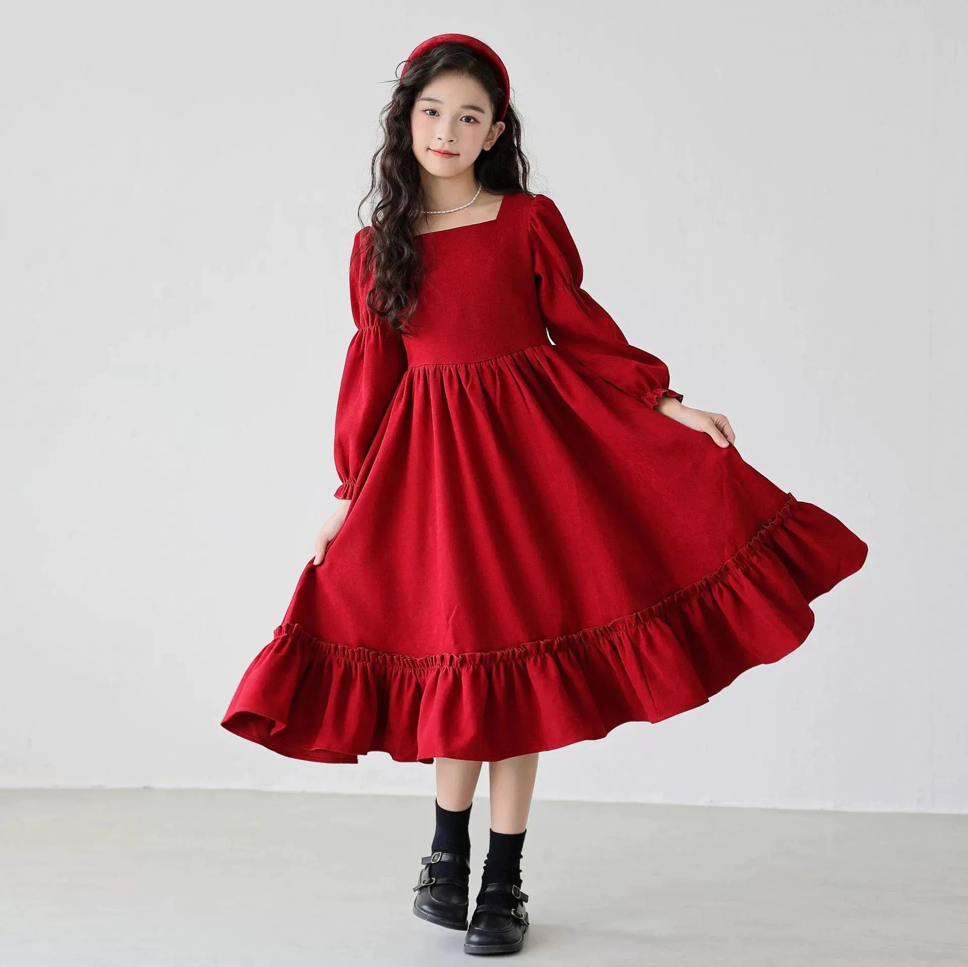 Girl's Long Sleeve Square Neck Dress