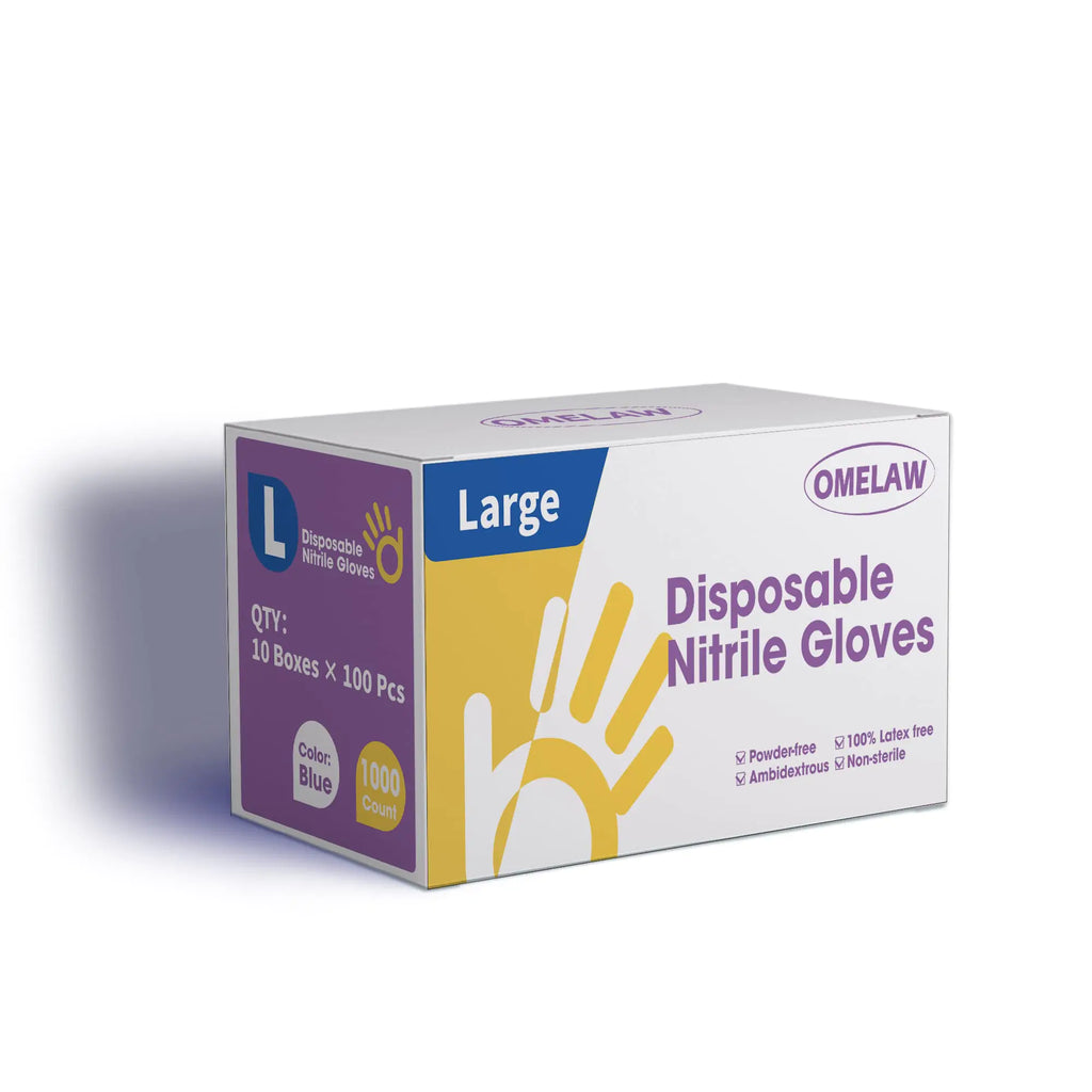 OMELAW Nitrile gloves Large Blue Pack of 1000 Latex Free Powder Free Glove Ambidextrous Ultra-Strong Non-Sterile Food Safe (10 Box/Carton)