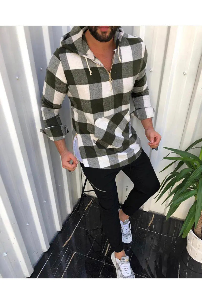 Men's Loose Hooded Plaid Long Sleeve Shirt Jacket