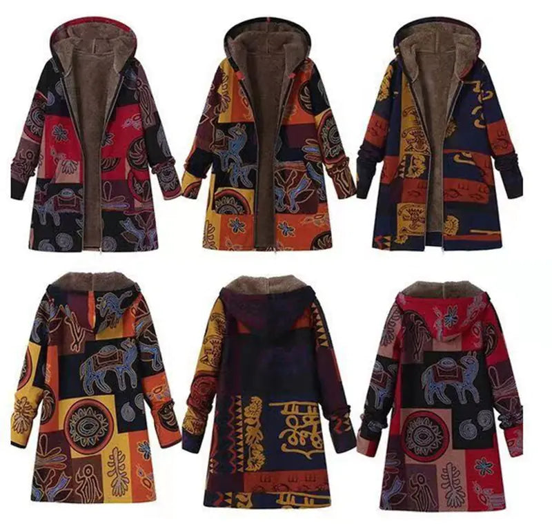 Ethnic Print Hooded Fleece Cotton Coat Jacket