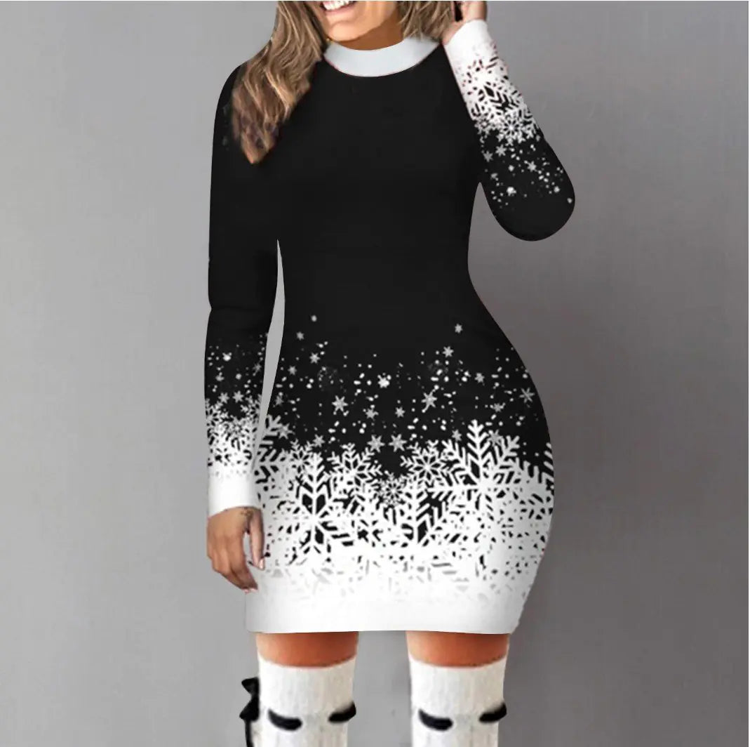 European American Christmas Printed Long Sleeve Dress