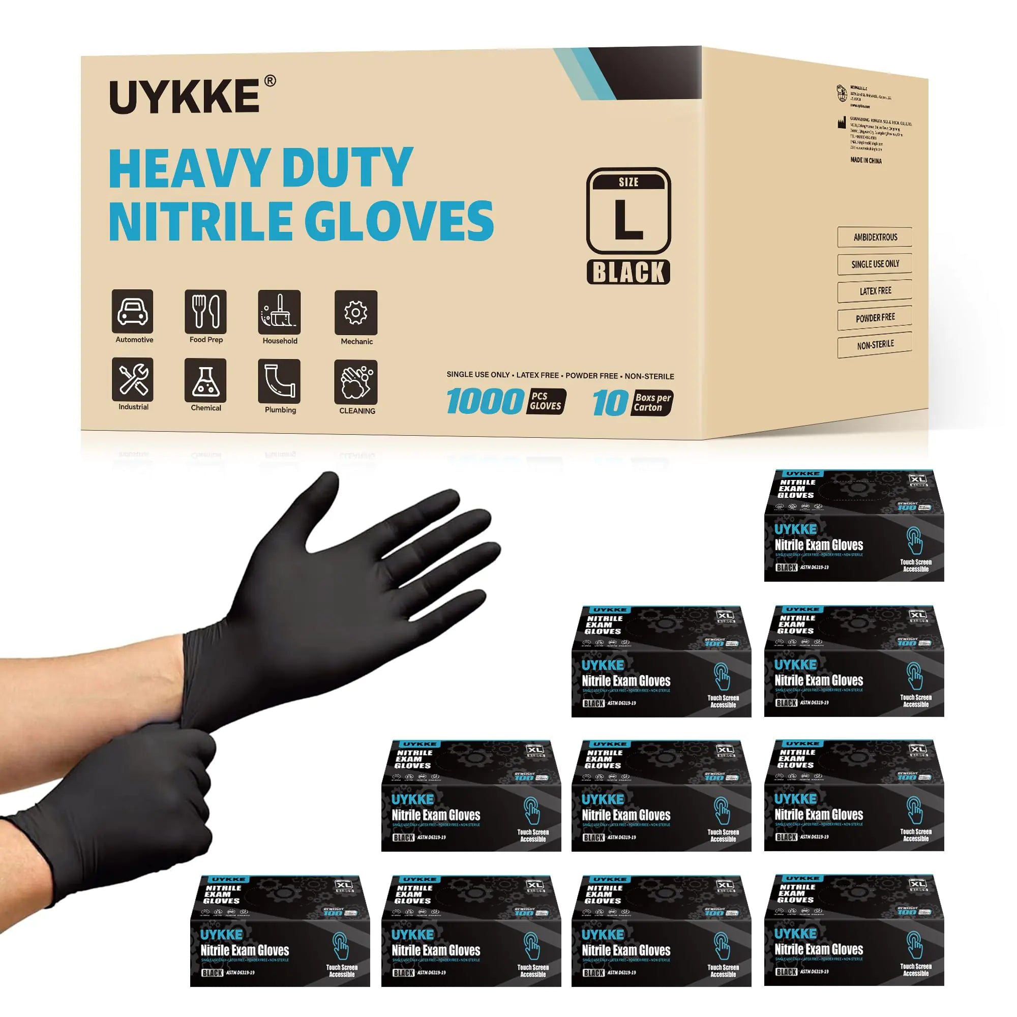 UYKKE Nitrile Gloves Disposable Latex Free Nitrile Gloves XL Disposable Gloves 7 Mil Black Nitrile Gloves Heavy Duty Rubber Cleaning Cooking Gloves Chemical Resistant Food Prep 1000pcs